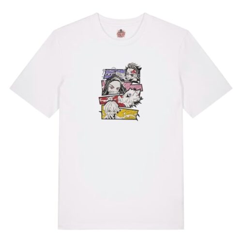 Camiseta Blanca Delantera Respira y Lucha - Tanjiro Kamado & Nezuko Kamado & Inosuke Hashibira & Zenitsu Agatsuma Respira y Lucha - Tanjiro Kamado & Nezuko Kamado & Inosuke Hashibira & Zenitsu Agatsuma