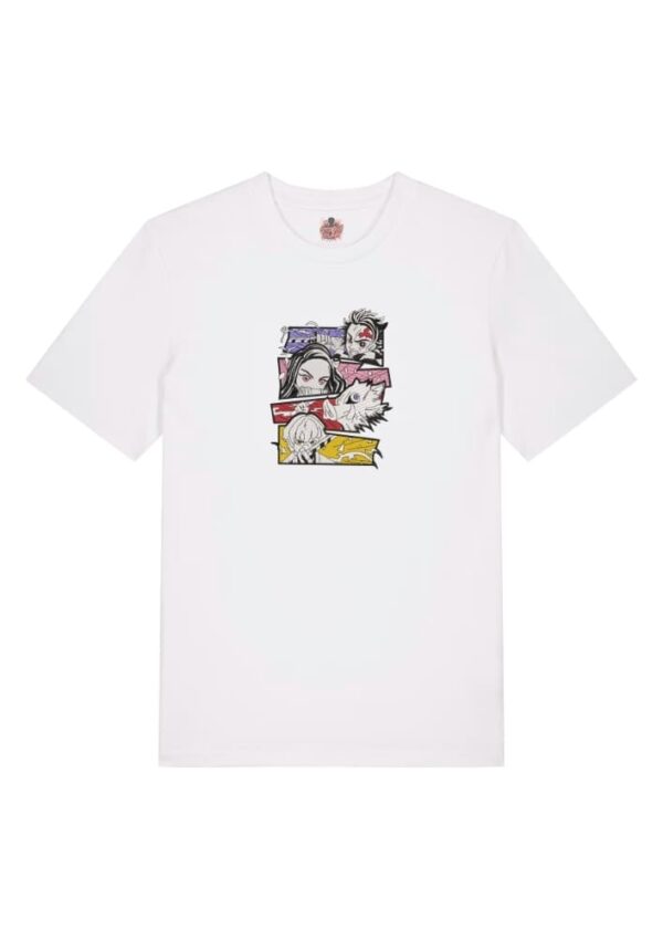 Camiseta Blanca Delantera Respira y Lucha - Tanjiro Kamado & Nezuko Kamado & Inosuke Hashibira & Zenitsu Agatsuma Respira y Lucha - Tanjiro Kamado & Nezuko Kamado & Inosuke Hashibira & Zenitsu Agatsuma