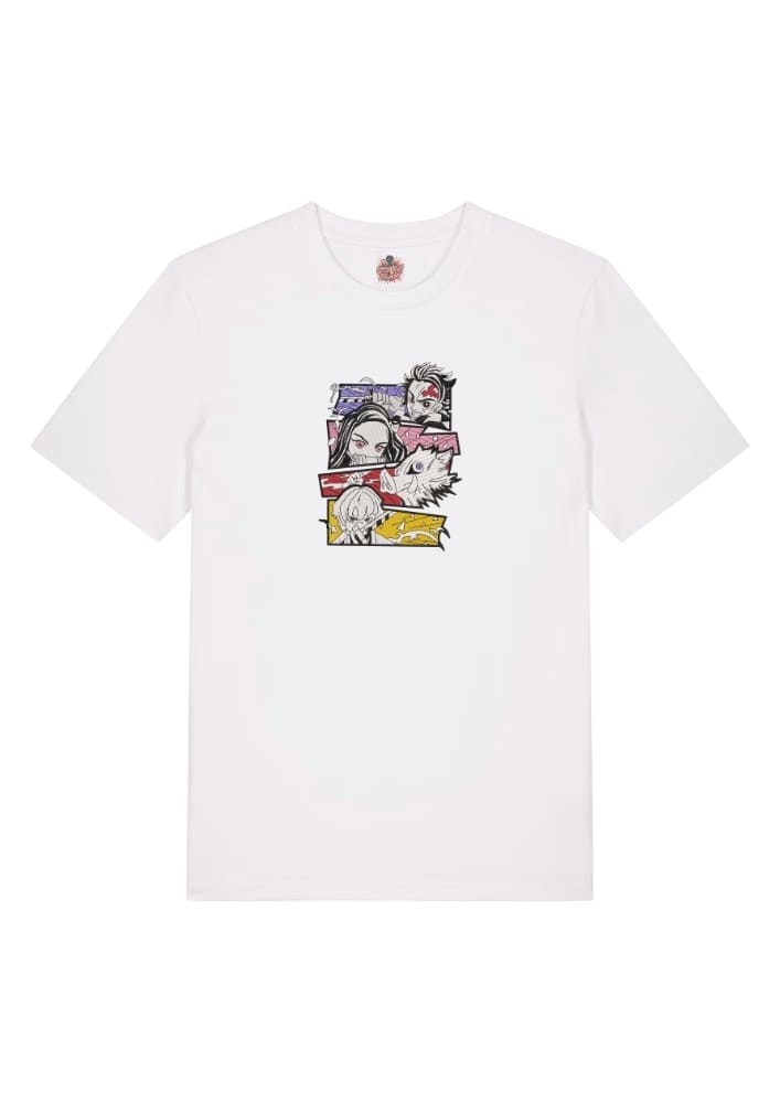 Camiseta Blanca Delantera Respira y Lucha - Tanjiro Kamado & Nezuko Kamado & Inosuke Hashibira & Zenitsu Agatsuma Respira y Lucha - Tanjiro Kamado & Nezuko Kamado & Inosuke Hashibira & Zenitsu Agatsuma