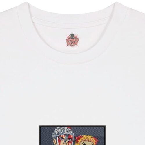 Camiseta Blanca Detalle Pilares del Fuego y el Ritmo - Tengen Uzui & Kyojuro Rengoku Pilares del Fuego y el Ritmo - Tengen Uzui & Kyojuro Rengoku