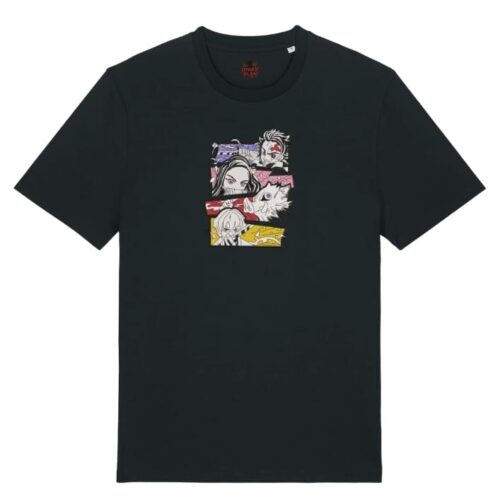 Camiseta Negra Delantera Respira y Lucha - Tanjiro Kamado & Nezuko Kamado & Inosuke Hashibira & Zenitsu Agatsuma Respira y Lucha - Tanjiro Kamado & Nezuko Kamado & Inosuke Hashibira & Zenitsu Agatsuma