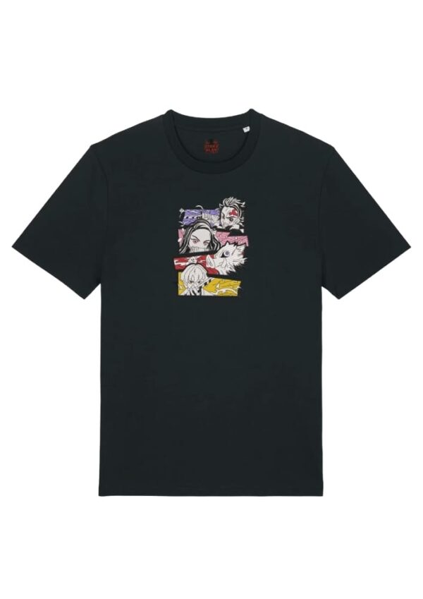 Camiseta Negra Delantera Respira y Lucha - Tanjiro Kamado & Nezuko Kamado & Inosuke Hashibira & Zenitsu Agatsuma Respira y Lucha - Tanjiro Kamado & Nezuko Kamado & Inosuke Hashibira & Zenitsu Agatsuma