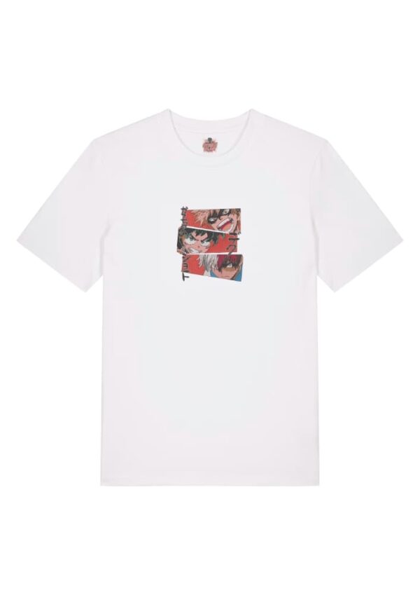 Camiseta Blanca Delantera Academia Imparable - Katsuki Bakugo & Izuku Midoriya (Deku) & Shoto Todoroki Academia Imparable - Katsuki Bakugo & Izuku Midoriya (Deku) & Shoto Todoroki