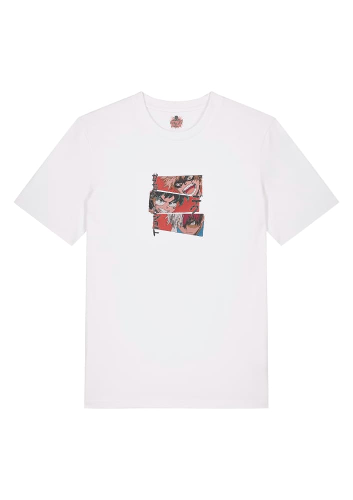 Camiseta Blanca Delantera Academia Imparable - Katsuki Bakugo & Izuku Midoriya (Deku) & Shoto Todoroki Academia Imparable - Katsuki Bakugo & Izuku Midoriya (Deku) & Shoto Todoroki