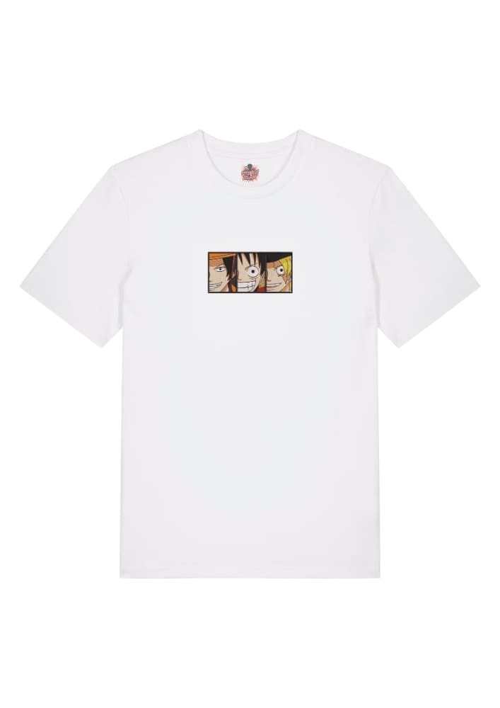 Camiseta Blanca Delantera Hermanos del Sombrero - Portgas D. Ace & Monkey D. Luffy & Sabo Hermanos del Sombrero - Portgas D. Ace & Monkey D. Luffy & Sabo