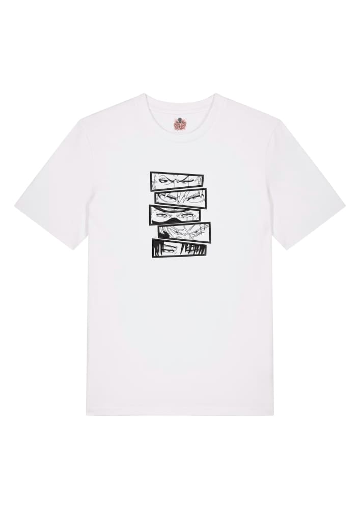 Camiseta Blanca Delantera Miradas One Piece y Naruto - Roronoa Zoro & Naruto Uzumaki & Kakashi Hatake & Sanji & Sasuke Uchiha Miradas One Piece y Naruto - Roronoa Zoro & Naruto Uzumaki & Kakashi Hatake & Sanji & Sasuke Uchiha