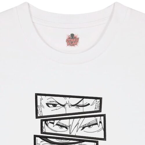 Camiseta Blanca Detalle Miradas One Piece y Naruto - Roronoa Zoro & Naruto Uzumaki & Kakashi Hatake & Sanji & Sasuke Uchiha Miradas One Piece y Naruto - Roronoa Zoro & Naruto Uzumaki & Kakashi Hatake & Sanji & Sasuke Uchiha